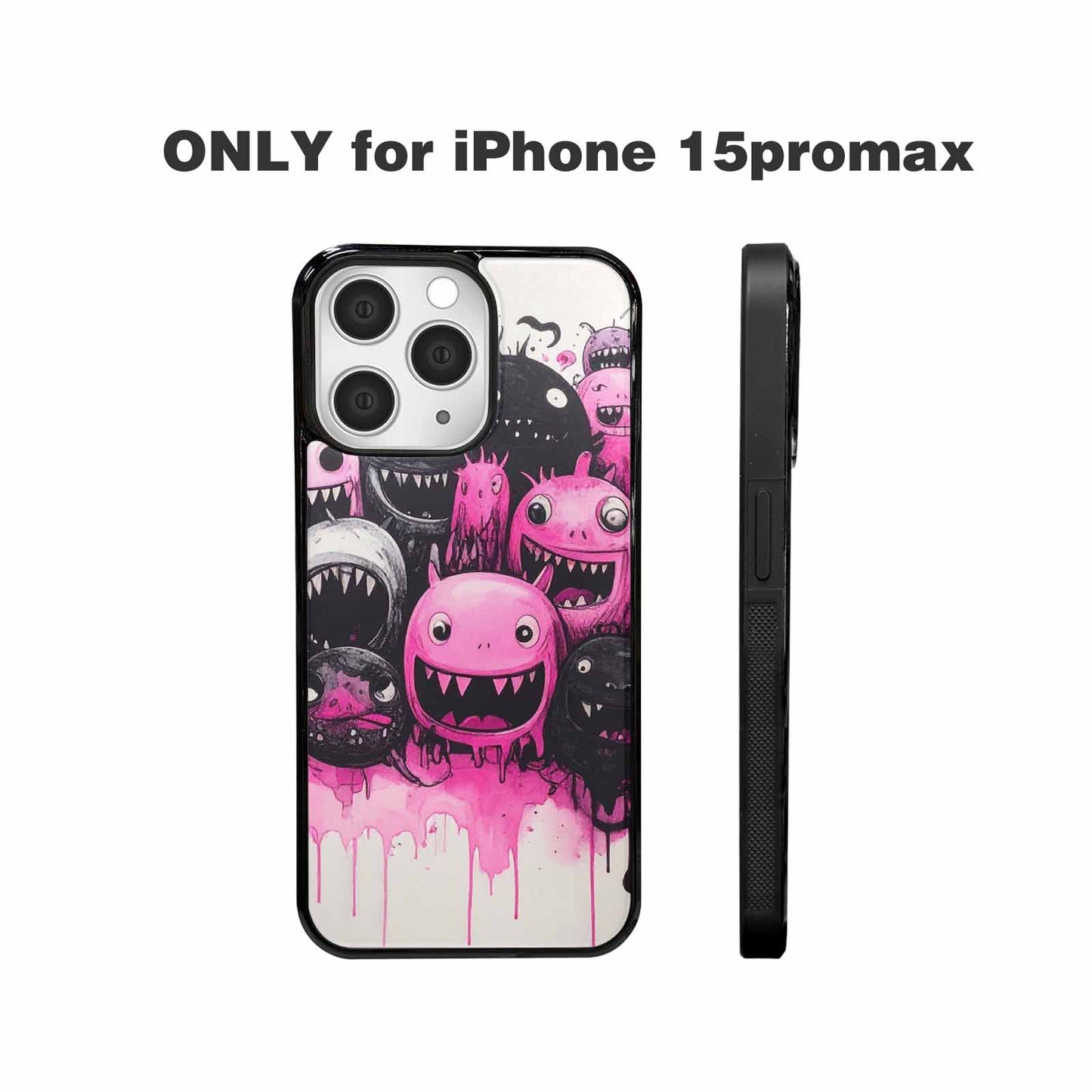 iPhone 15 Pro Max Case — Monsters General Black Pink Ink Cartoon, Custom Printed Phone Case