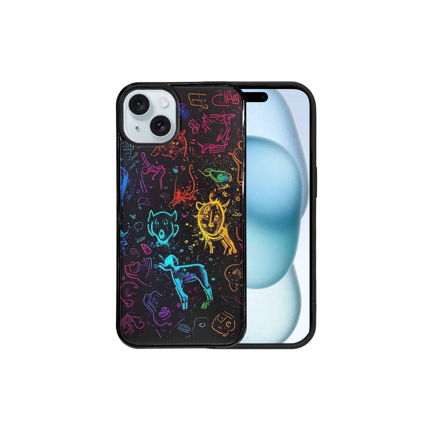 iPhone 15 Plus Case — Neon Glow Outline Icon Pattern Hundreds, Custom Made Phone Cover