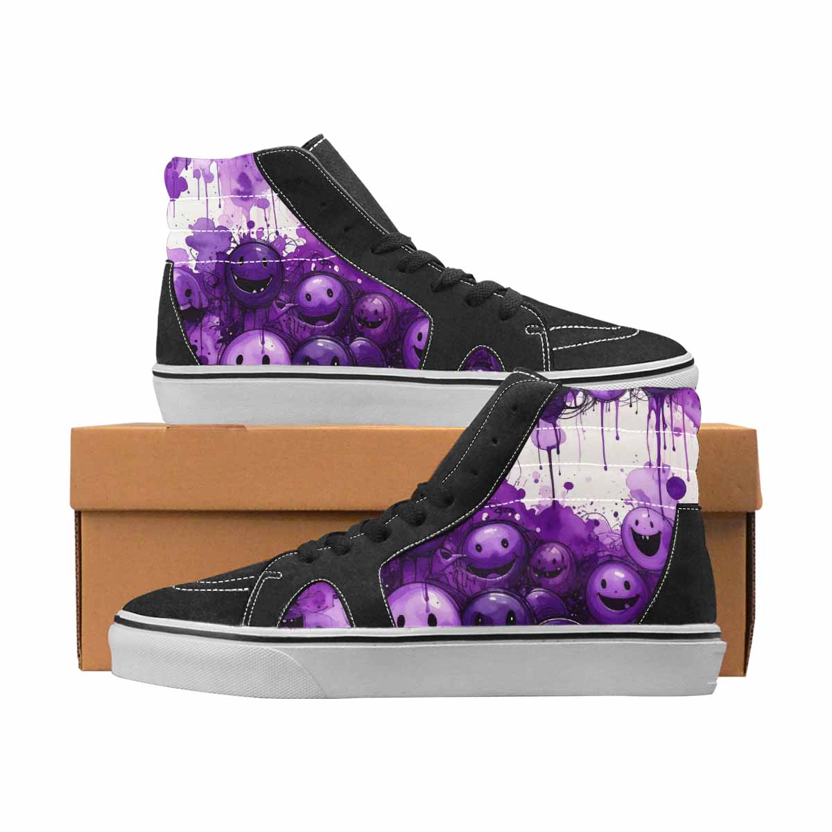 WOMEN'S Smiley Face Black & Purple Ink High Top Canvas Graphic Print Cottagecore Custom Printed Shoes