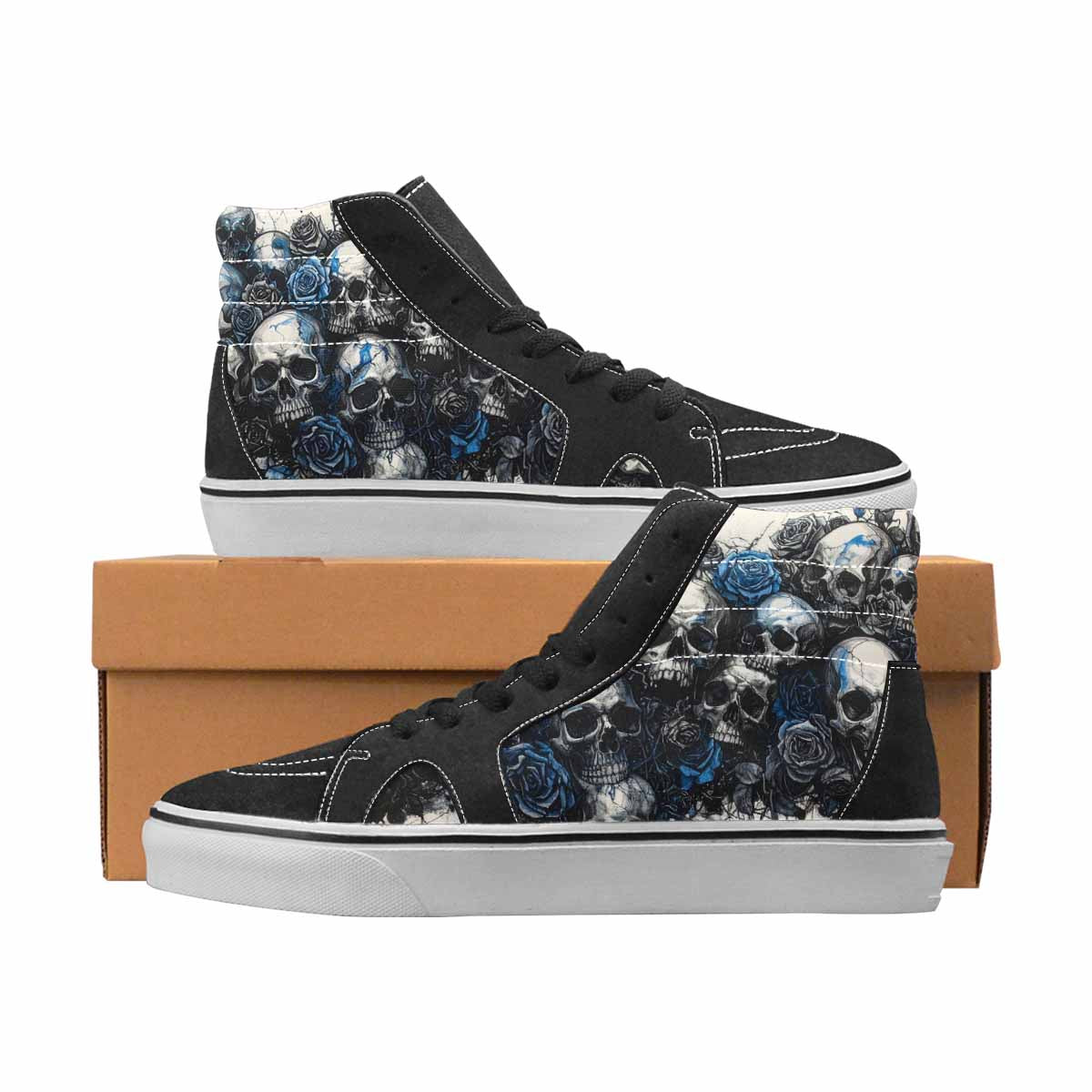 WOMEN'S Skulls Black & Blue Ink High Top Canvas Unique Print Cottagecore Shoes