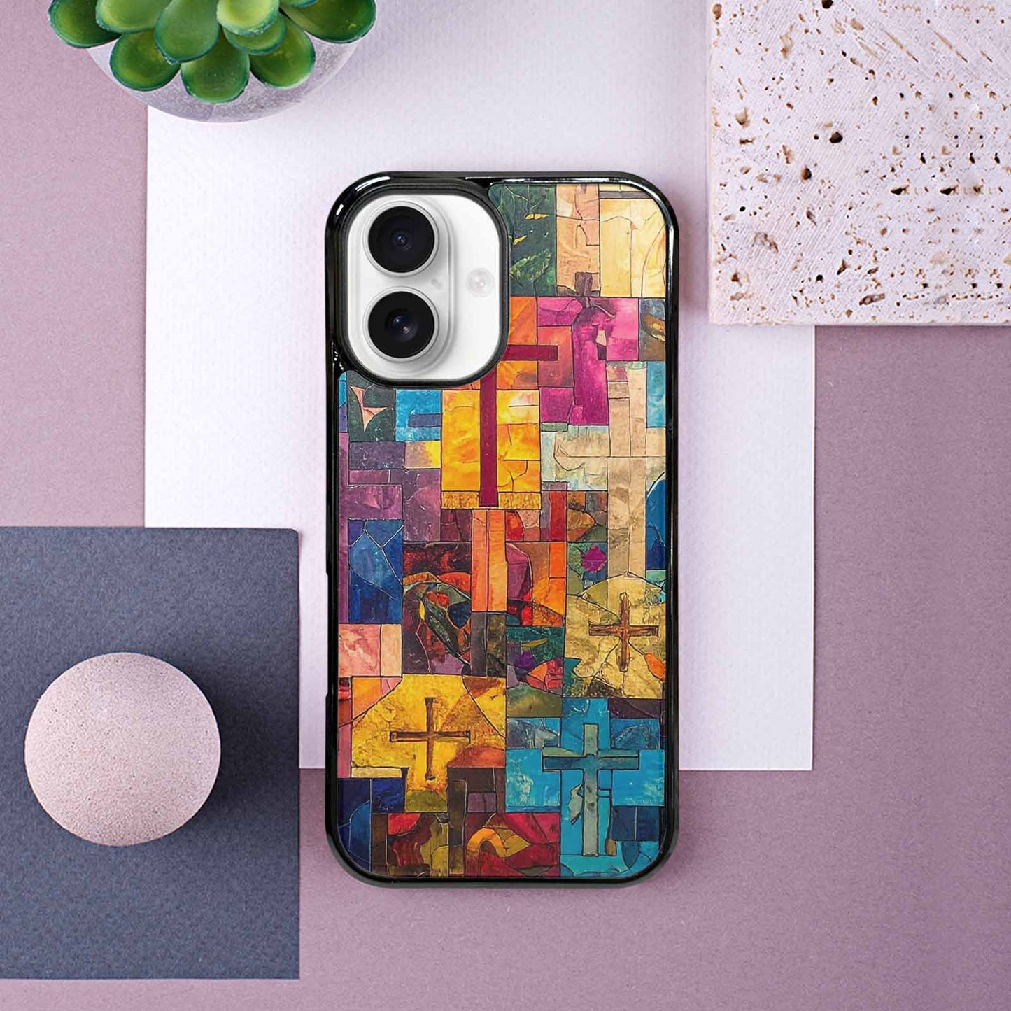 iPhone 16 Case — Faith Cross And Faith Icons Pattern, Original Design Phone Case