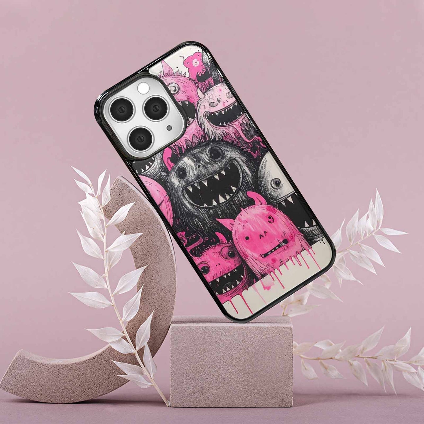 iPhone 15 Pro Max Case — Monsters General Black Pink Ink Cartoon, Unique Phone Case Design