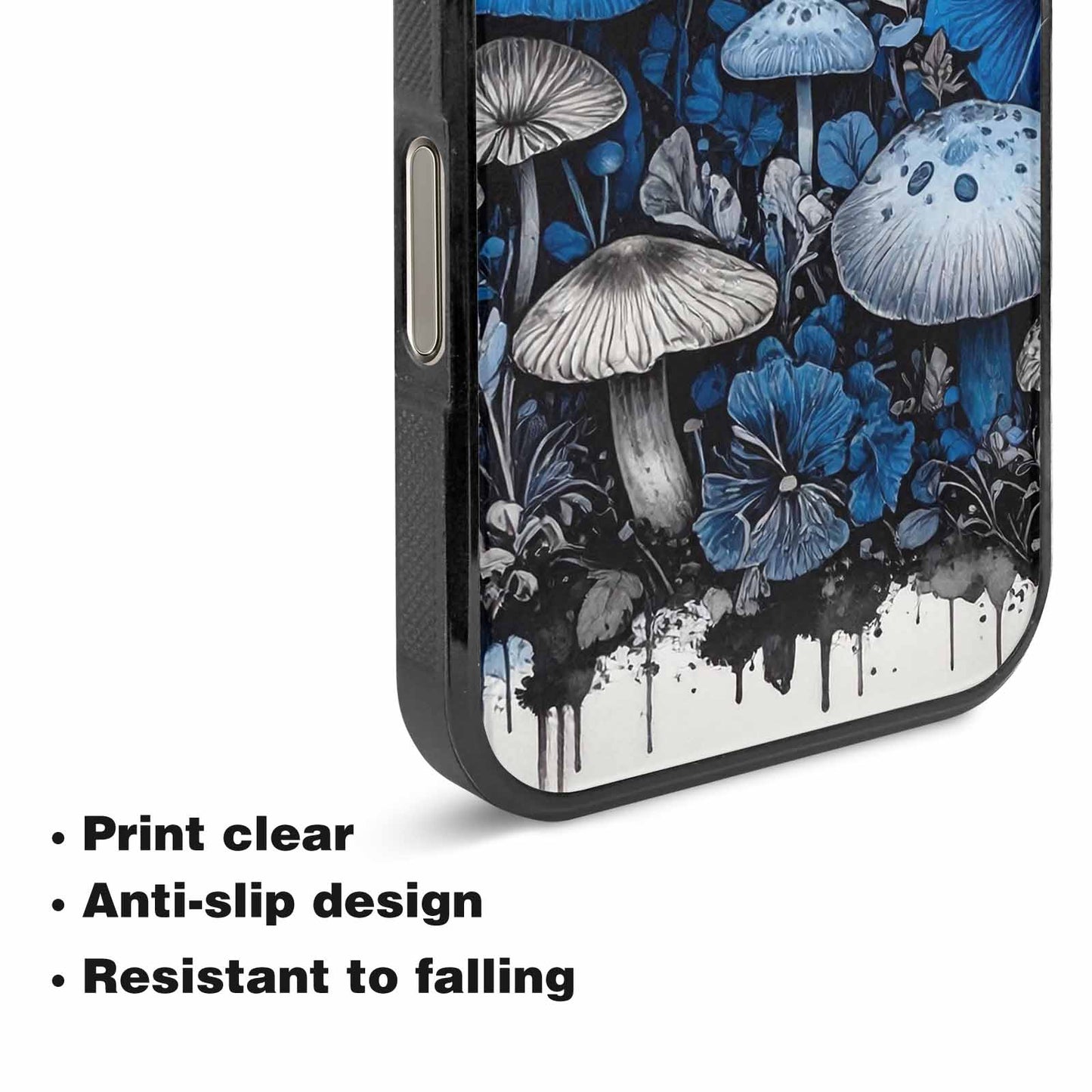 iPhone 16 Pro Max Case — Mushrooms General Black Blue Ink Mushrooms, Custom Phone Case