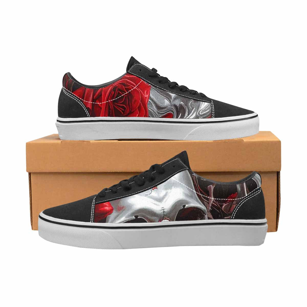 WOMEN'S Skulls Roses Chrome Airbrush Canvas Lace-Up Neon Fantasy Custom Sneakers