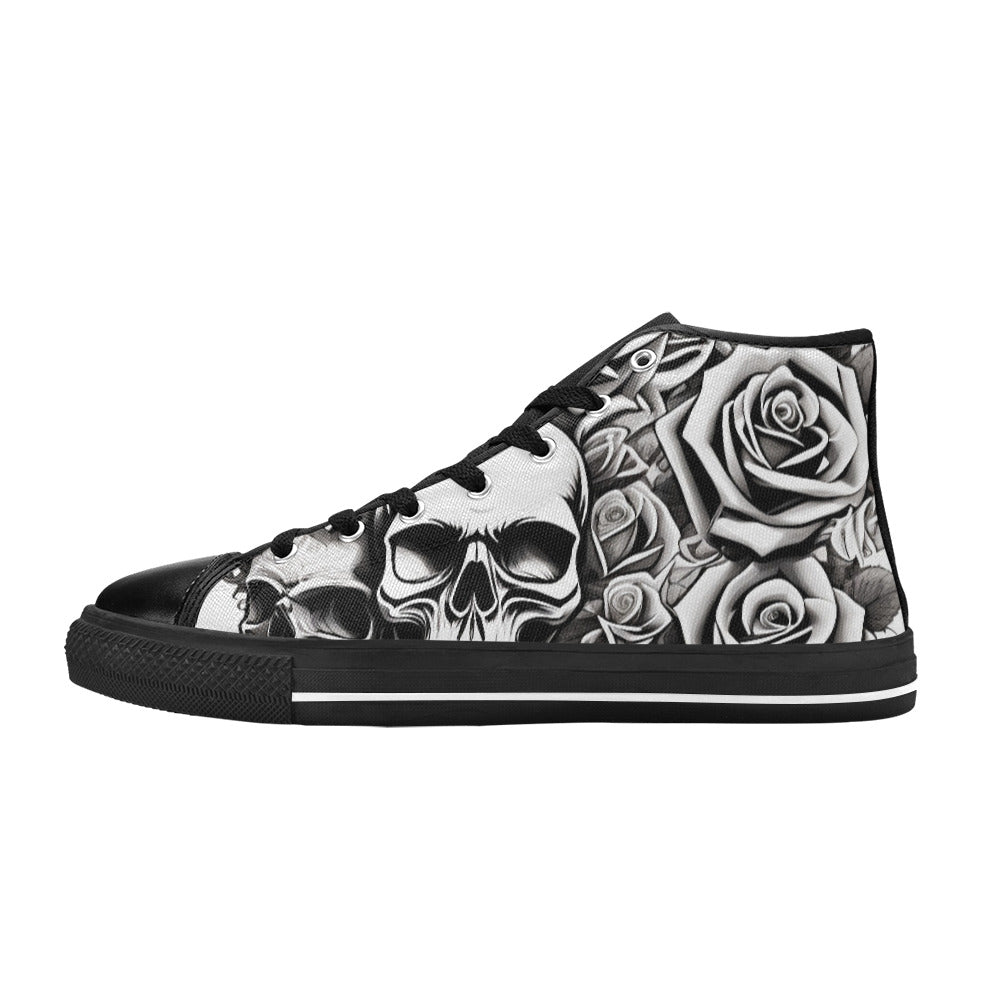 WOMEN'S Skull Roses Black White High Top Canvas Grunge Custom Shoes