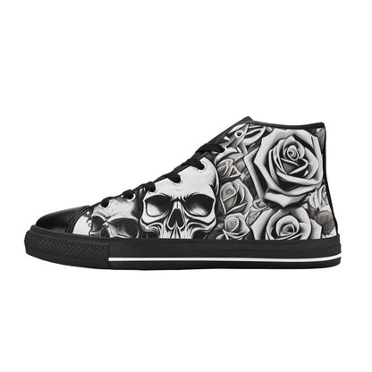 WOMEN'S Skull Roses Black White High Top Canvas Grunge Custom Shoes