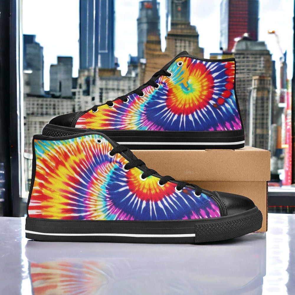 Custom Men's Tie Dye Splash high-top canvas shoes with bold all-over art — Freaky Shoes