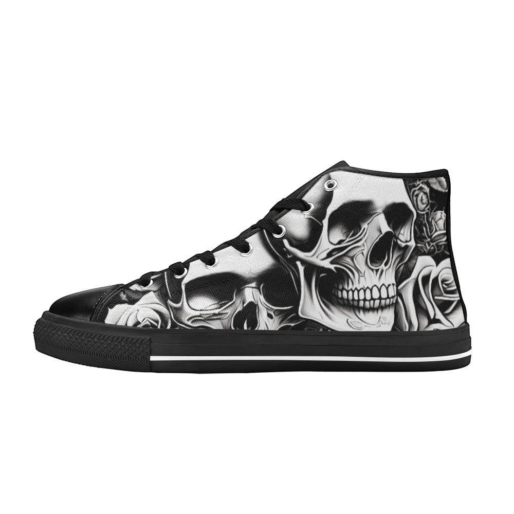 Freaky Shoes custom art sneakers with black and white skull art and roses, made to order