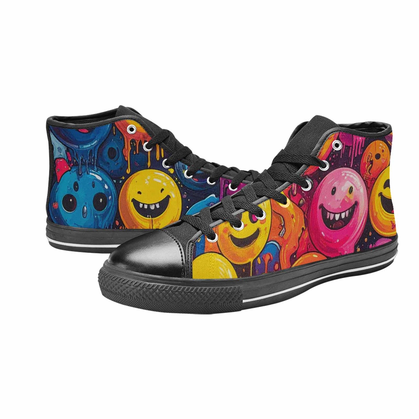 MEN'S Yellow Smiley Face High Top Canvas Neon Fantasy Shoes