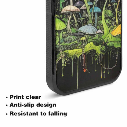 iPhone 15 Plus Case — Rainbow Drip Mushrooms Black Green Ink, Original Design Phone Case