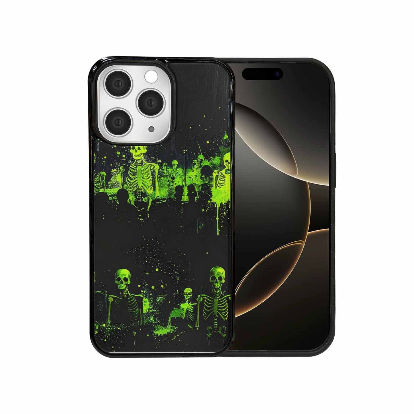 iPhone 15 Pro Max Case — Skeletons Neon Green Glow Skeletons Pattern, Custom Print Case Cover