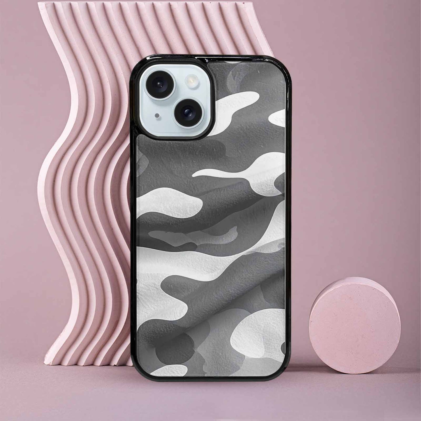 iPhone 15 Case — Grey Camo Print, Custom Art Phone Cover