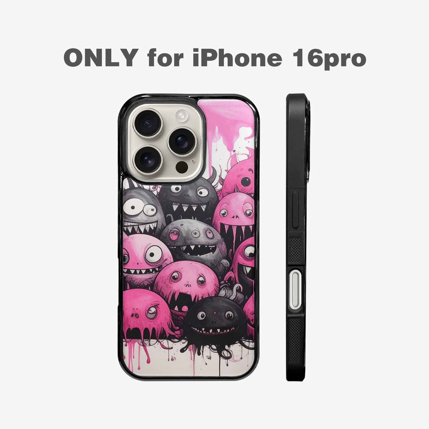 iPhone 16 Pro Case — Monsters General Black Pink Ink Cartoon, Customized Protective Case