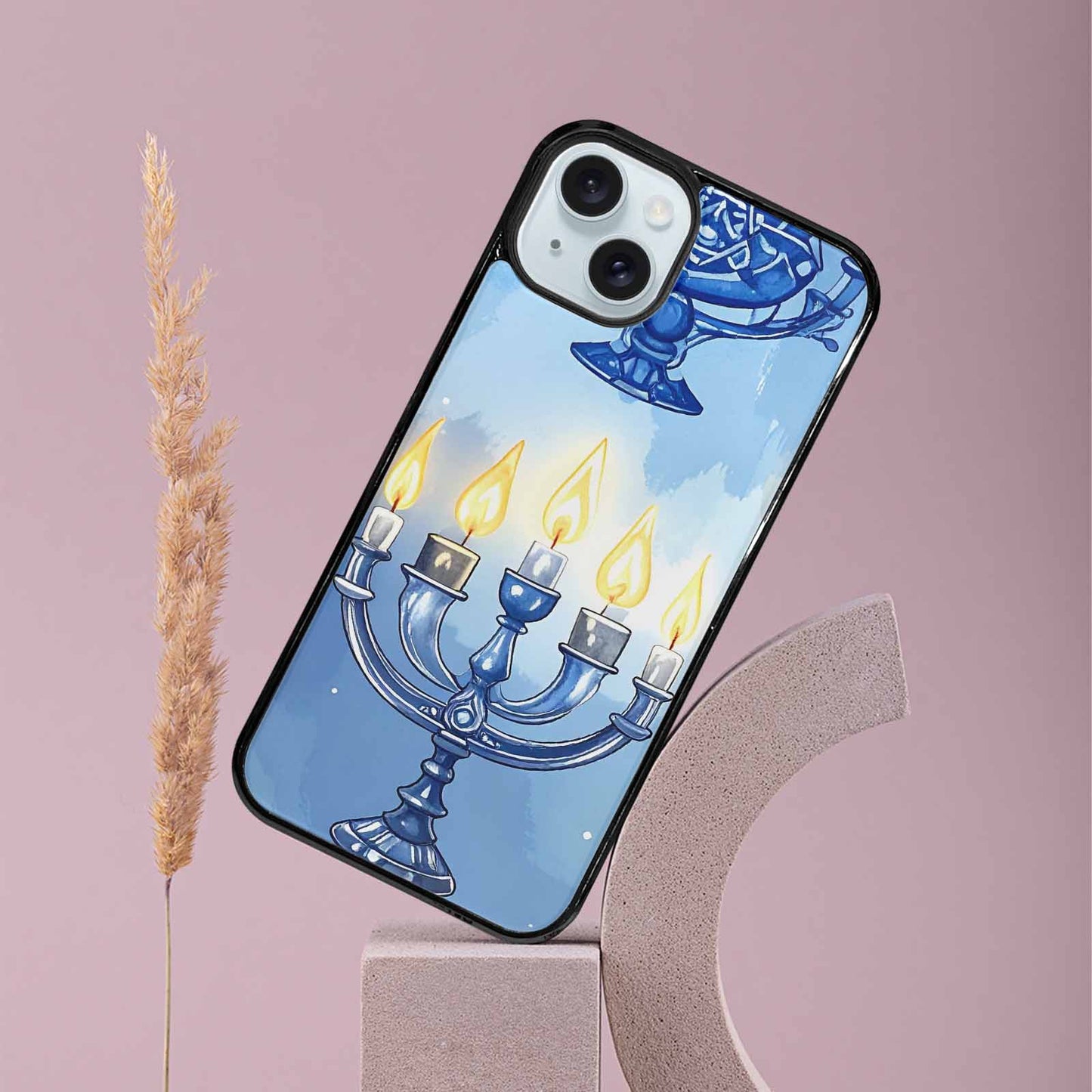 iPhone 15 Plus Case — Hanukkah Menorah Pattern Seamless Repeat Jewish, Original Design Phone Case