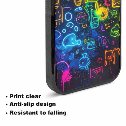iPhone 15 Plus Case — Neon Glow Outline Icon Pattern Hundreds, Custom Phone Case