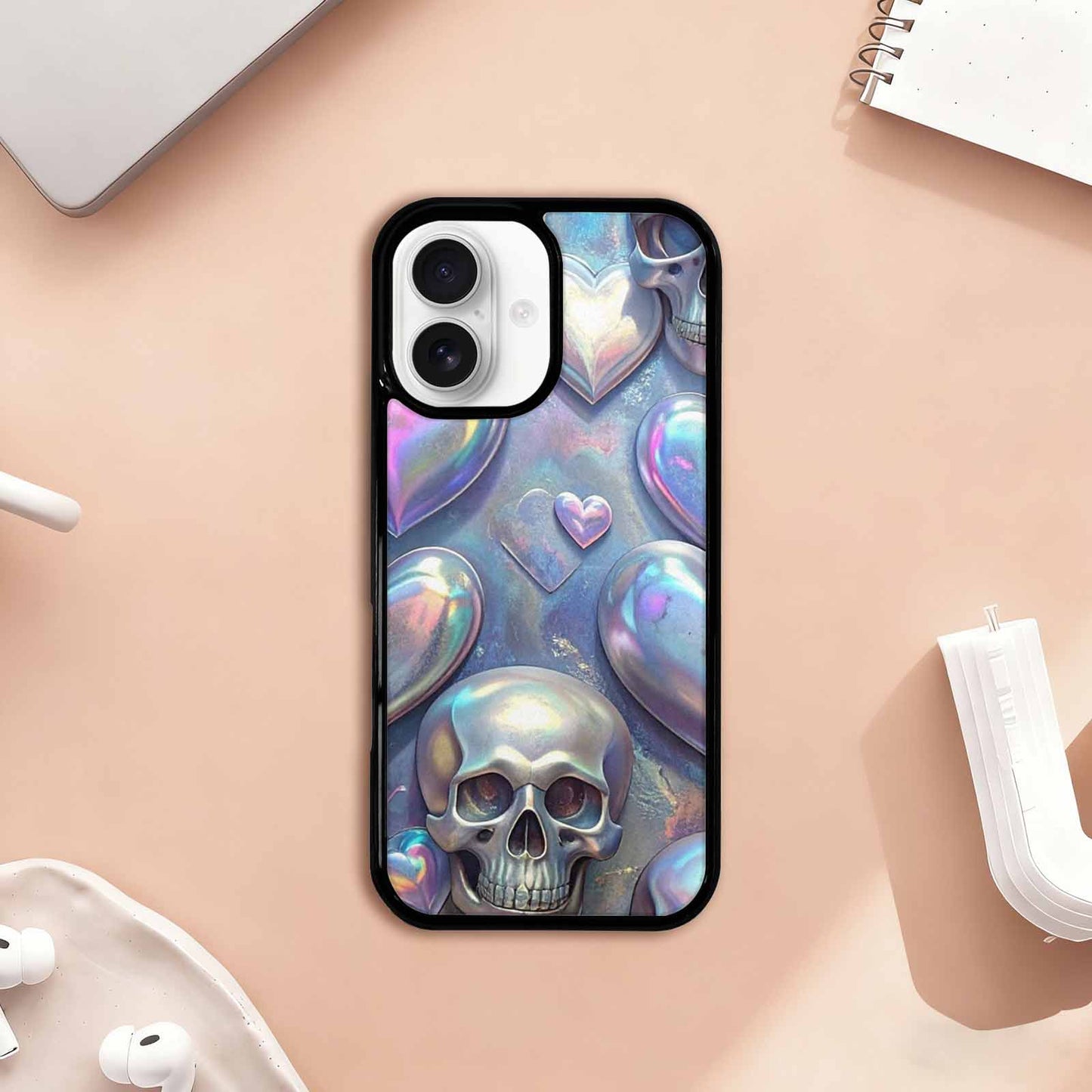 iPhone 17 Case — Iridescent Hearts Skull Gothic Skulls, Customized Protective Case