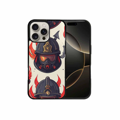 iPhone 16 Pro Max Case — Firefighter Pattern Flames Axes Helmets Seamless, Customized Protective Case