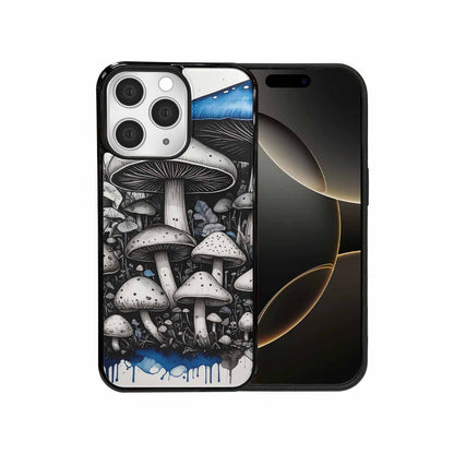 iPhone 15 Pro Max Case — Mushrooms General Black Blue Ink Mushrooms, Customized Protective Case