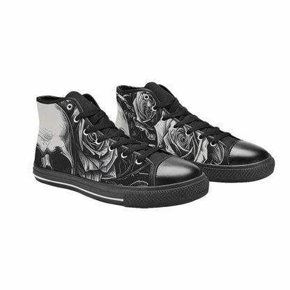 MEN'S Skulls Roses Black Ink High Top Canvas Neon Fantasy Custom Sneakers