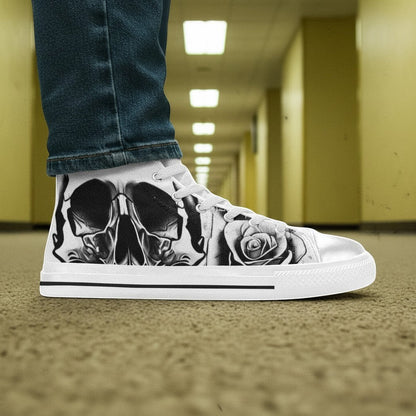 Men's Grey Skull & Roses Black & White hand-made high-top canvas shoes — unique wearable art by Freaky Shoes