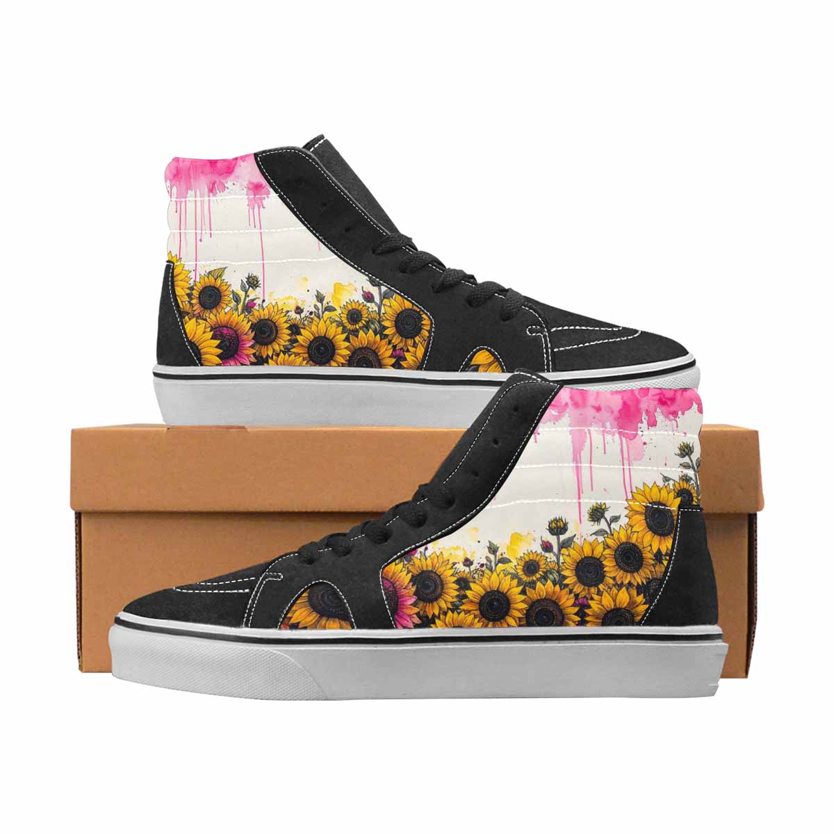 WOMEN'S Sunflowers Black & Pink Ink High Top Canvas Unique Print Wallpaper Art Custom Print Sneakers