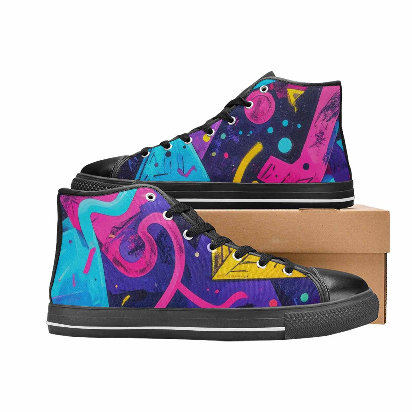 WOMEN'S Memphis Squiggles Triangles Dots High Top Canvas Wallpaper Art Custom Sneakers