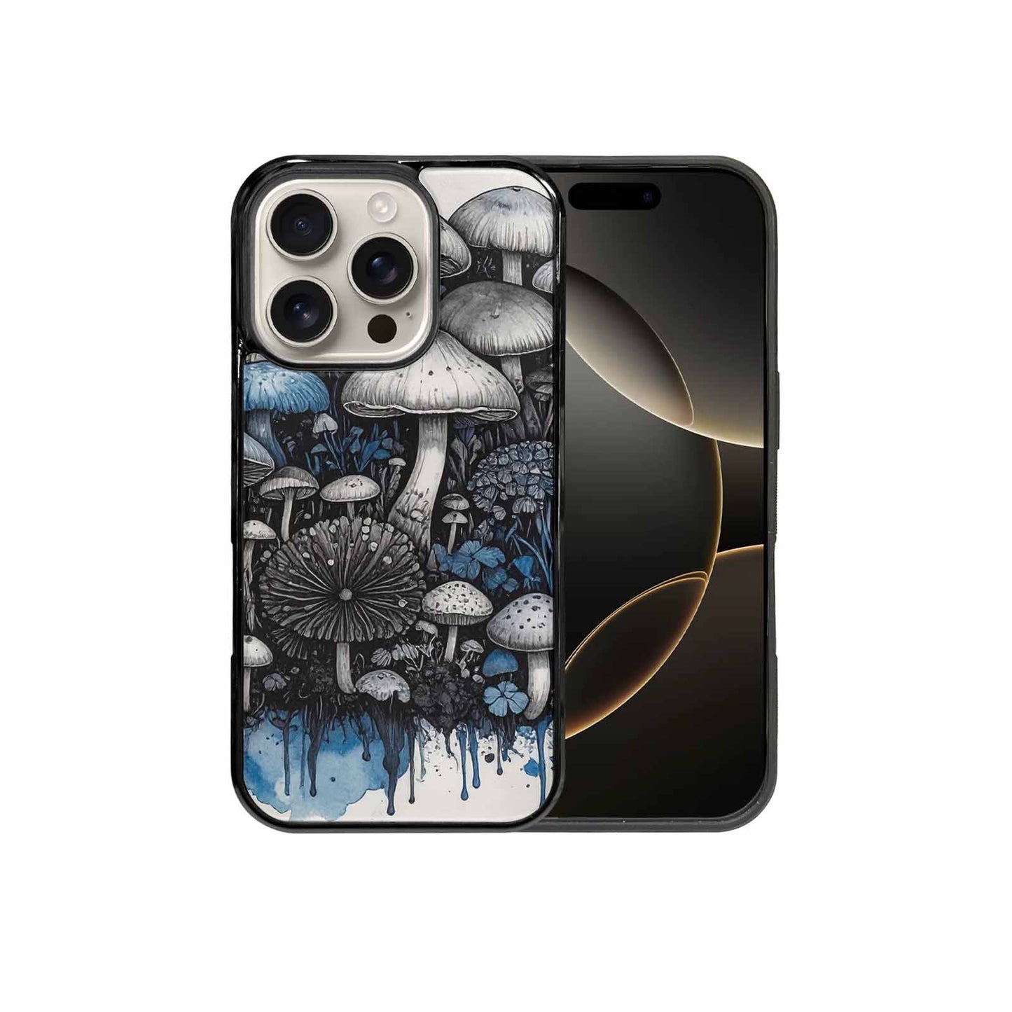 iPhone 16 Pro Case — Mushrooms General Black Blue Ink Mushrooms, Custom Art Phone Cover