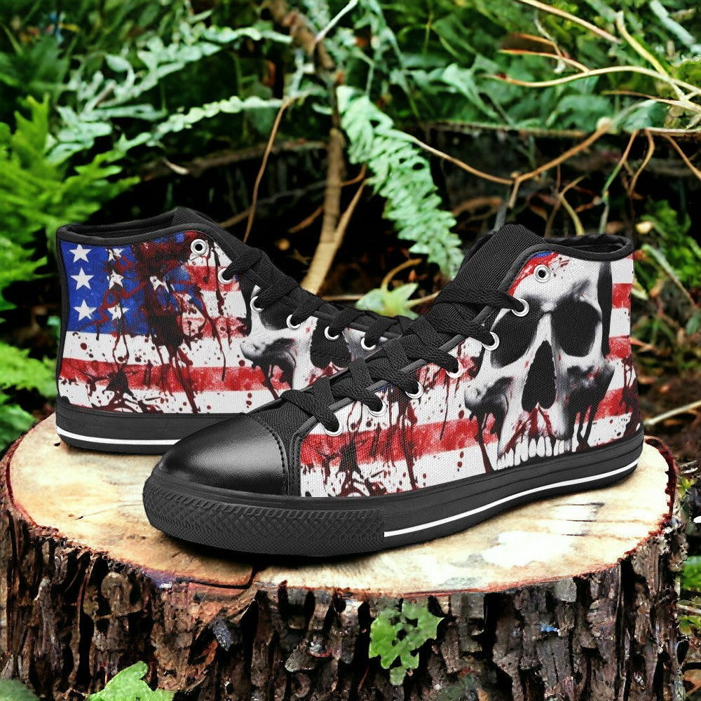 Women's Patriotic Splatter Art custom high-top canvas shoes — wearable art by Freaky Shoes