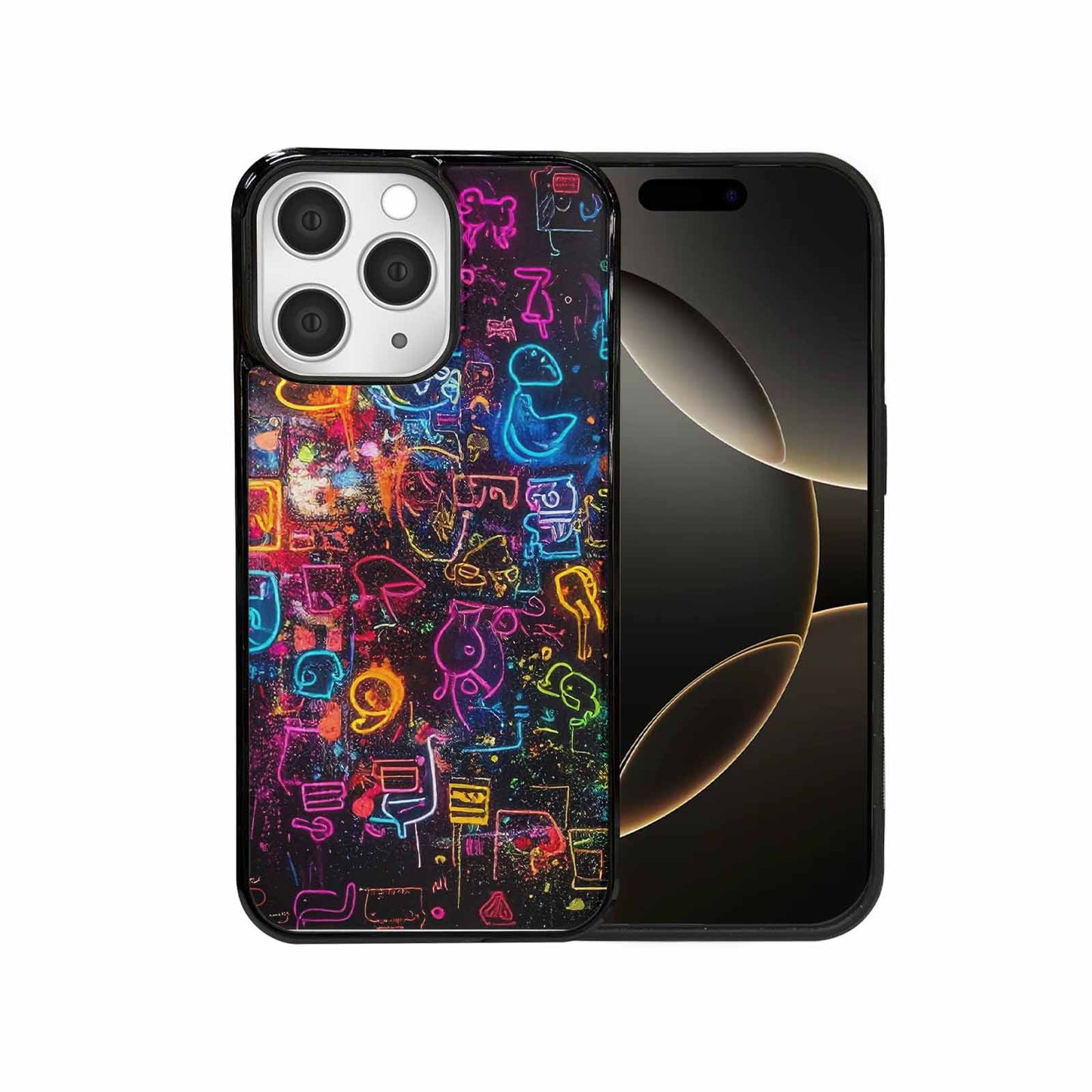 iPhone 15 Pro Max Case — Neon Glow Outline Icon Pattern Hundreds, Custom Print Case Cover