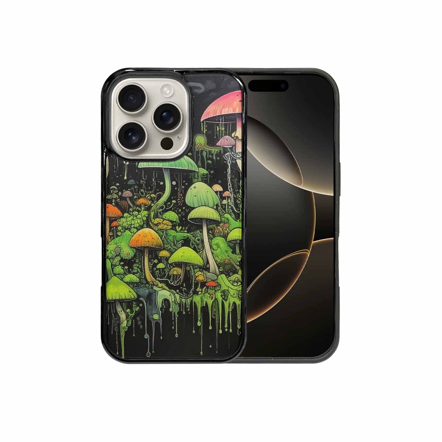 iPhone 16 Pro Case — Rainbow Drip Mushrooms Black Green Ink, Custom Printed Phone Case