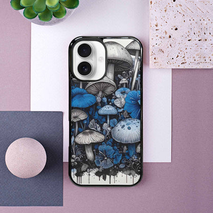 iPhone 16 Case — Mushrooms General Black Blue Ink Mushrooms, Custom Print Case Cover