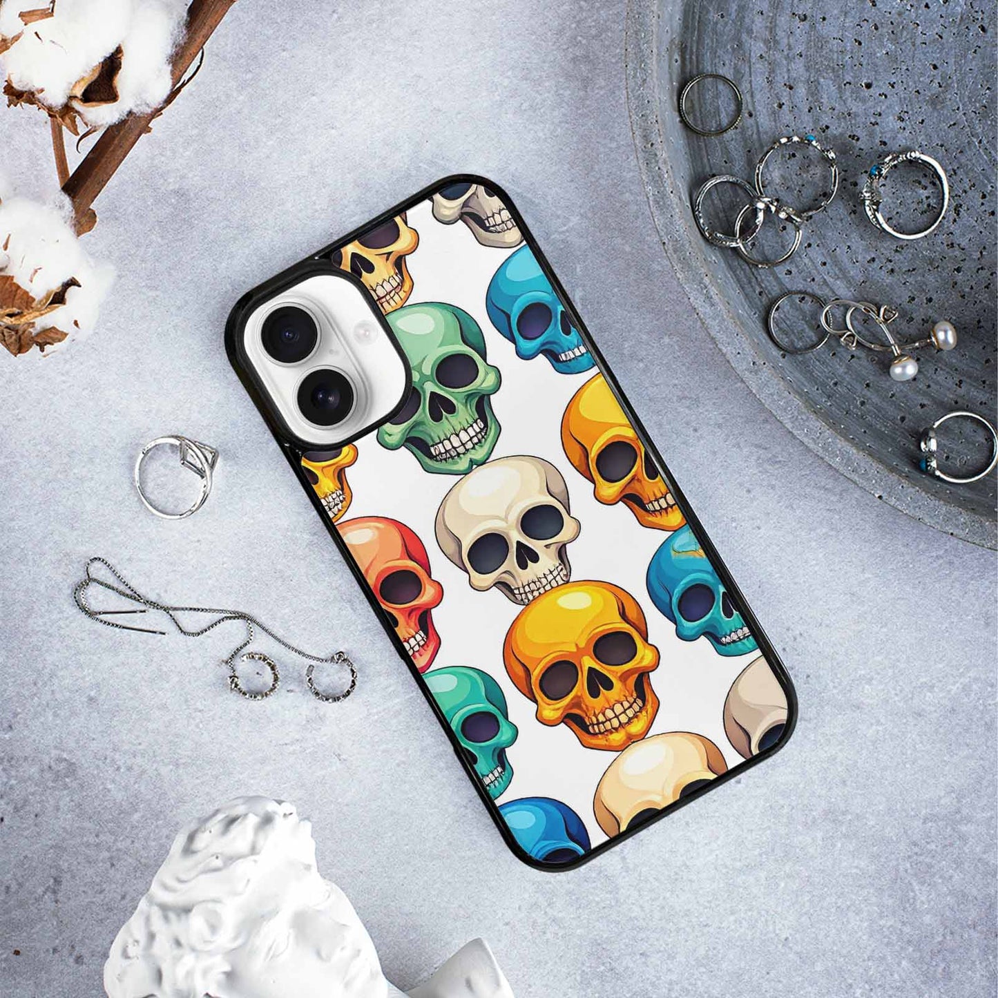 iPhone 16 Plus Case — Vibrant Skull Seamless, Custom Phone Case