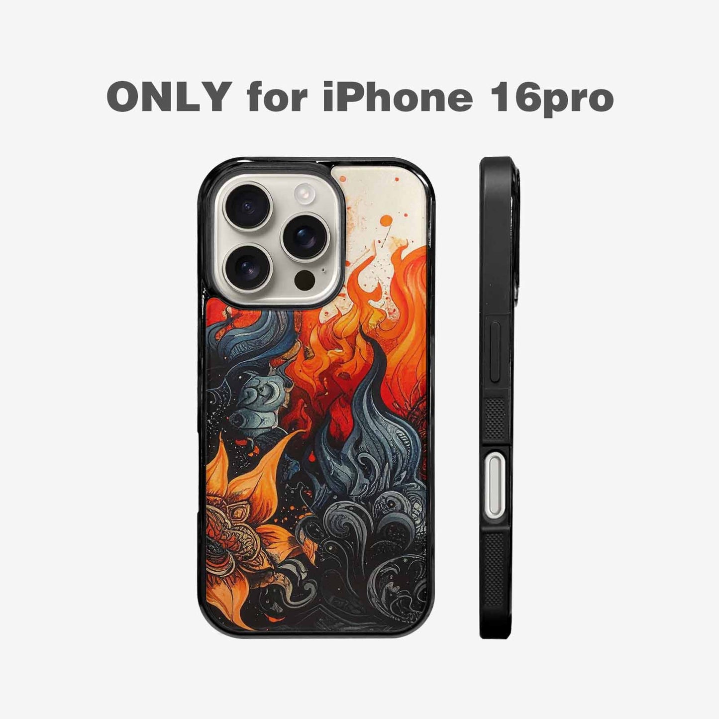iPhone 16 Pro Case — Flame Burst Black Red Ink Flame, Original Design Phone Case