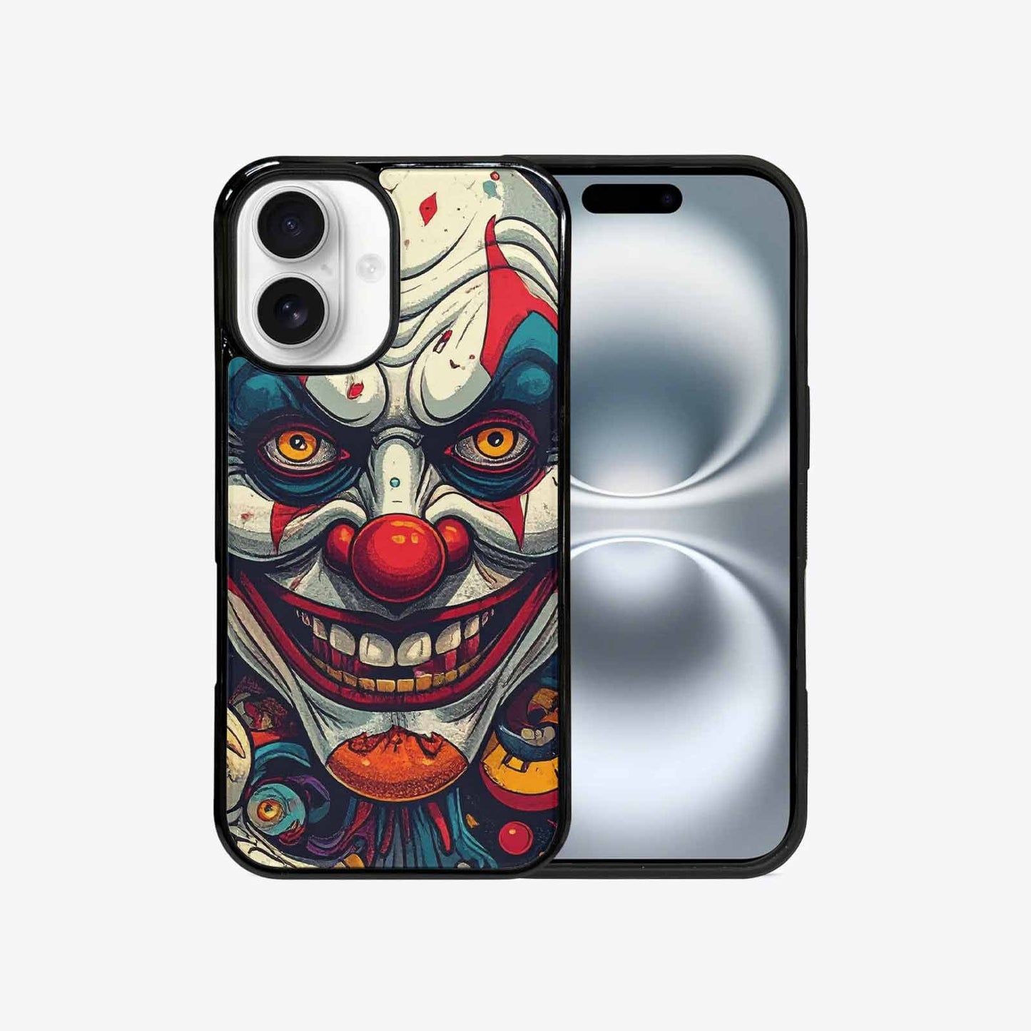 iPhone 16 Case — Evil Circus Heads Faces Overlapping Patterns, Custom Printed Phone Case