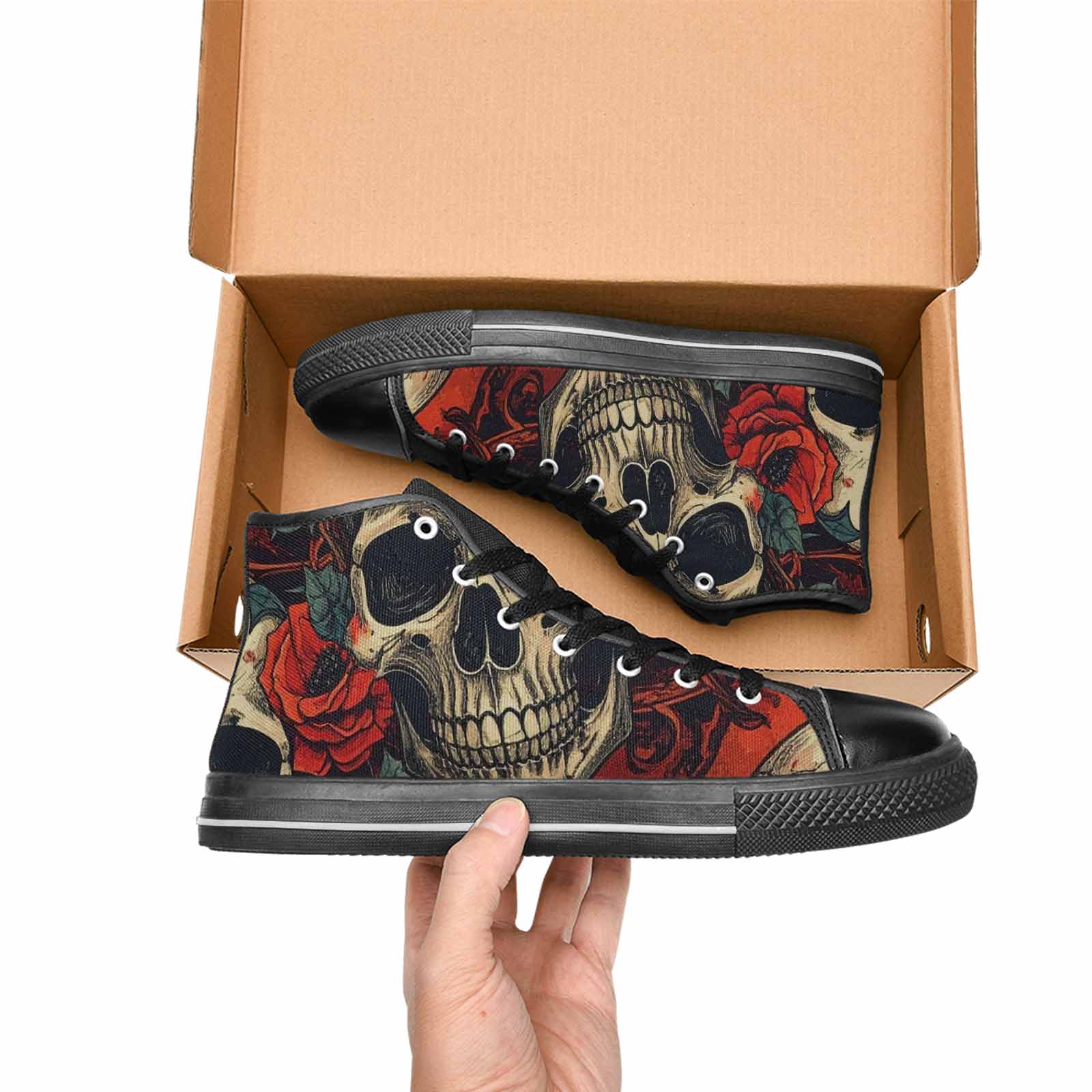 WOMEN'S Skulls Roses Bold Pen Ink High Top Canvas Neon Fantasy Shoes