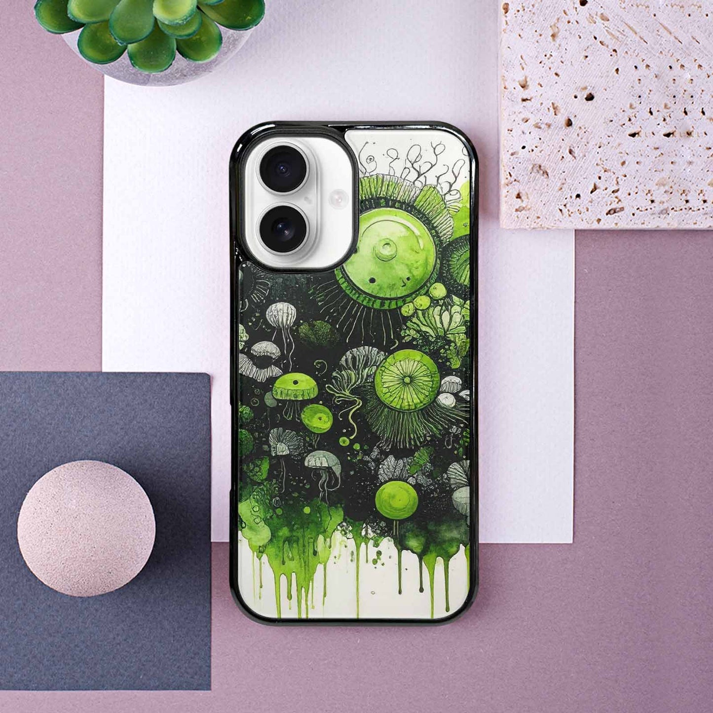 iPhone 16 Case — Sea Creature Burst Black Green Ink, Custom Made Phone Cover