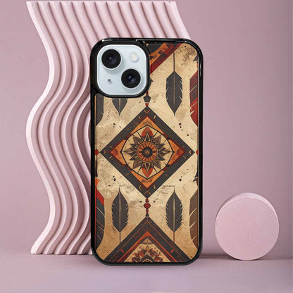 iPhone 15 Case — Native American Geometric Pattern Arrows Feathers, Custom Printed Phone Case