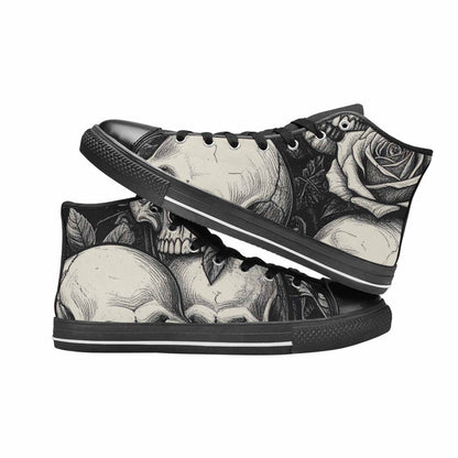 WOMEN'S Skulls Roses Black Ink High Top Canvas Vivid Custom Sneakers