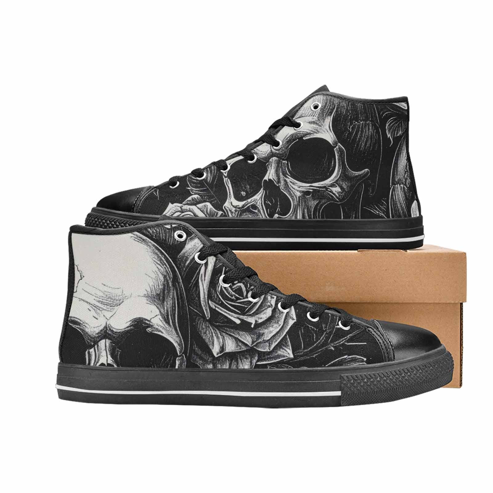 WOMEN'S Skulls Roses Black Ink High Top Canvas Grunge Custom Sneakers