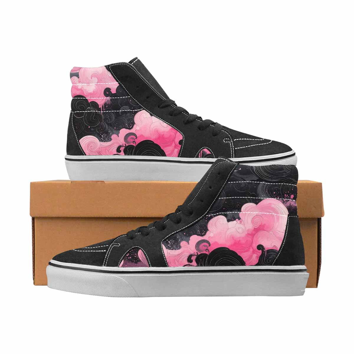 WOMEN'S Van Gogh Black & Pink Ink High Top Canvas One Of A Kind Surreal Custom Printed Shoes