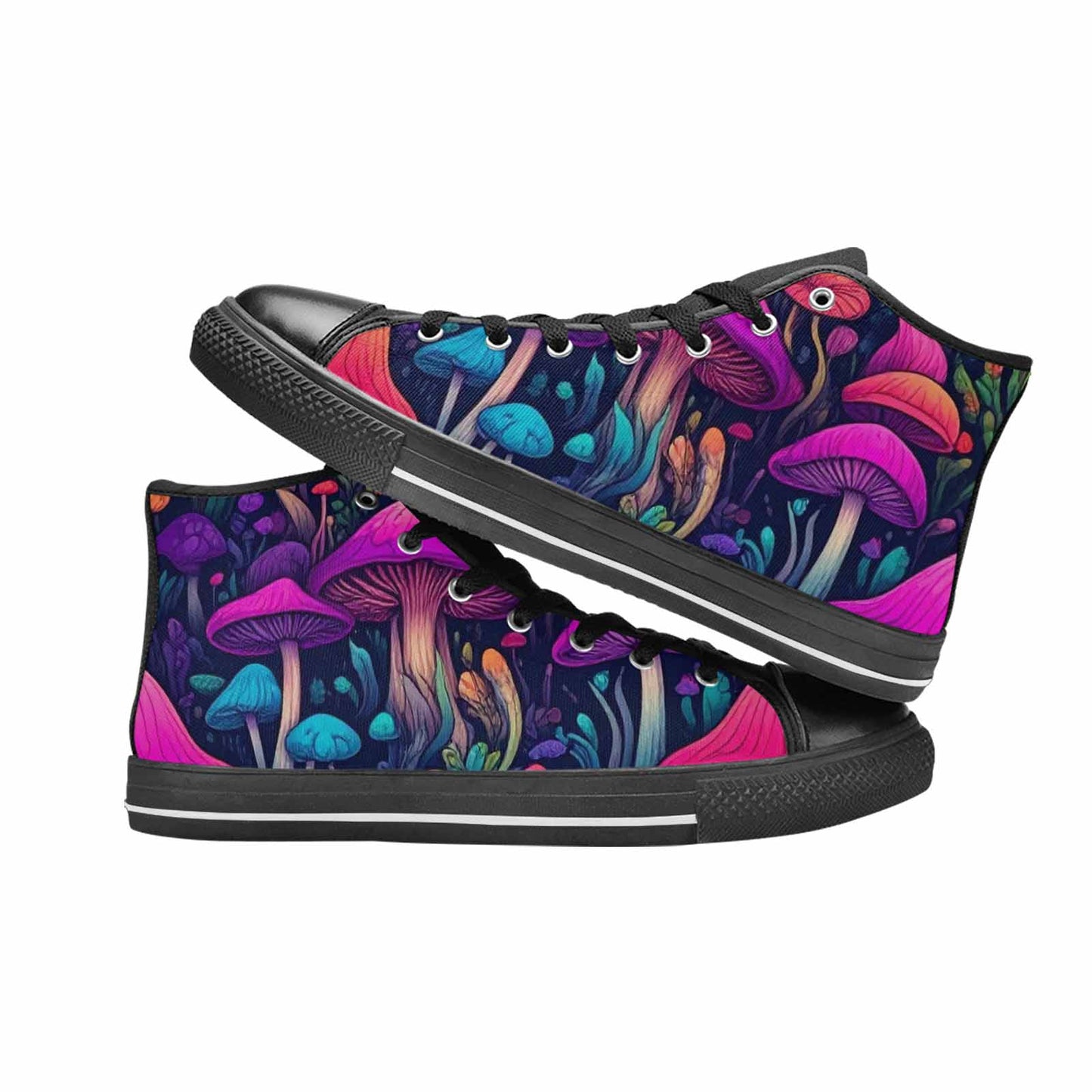 WOMEN'S Psychedelic Mushroom High Top Canvas Neon Fantasy Custom Sneakers