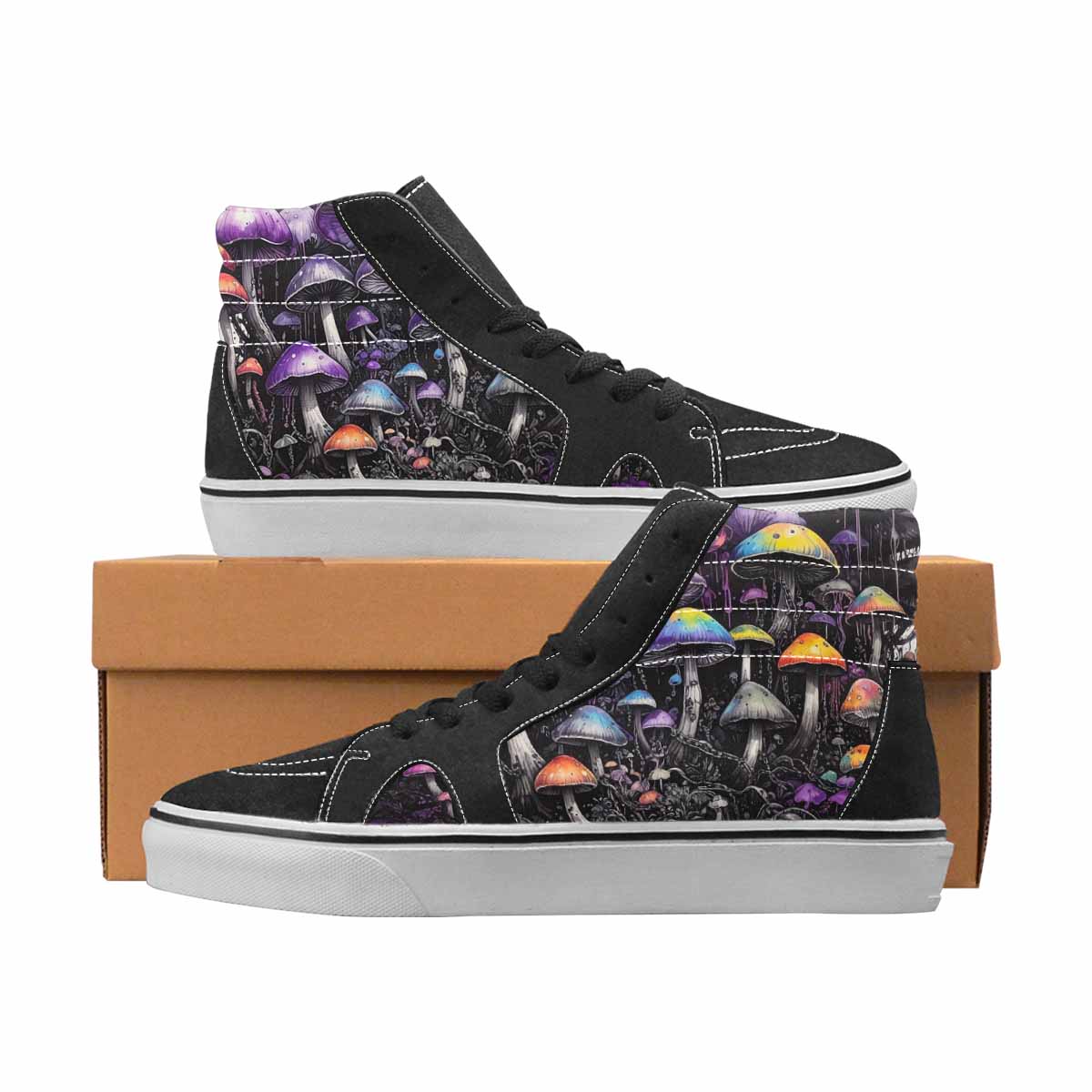 WOMEN'S Mushrooms Black & Purple Ink High Top Canvas Custom Fashion Melting Art All Over Print Shoes