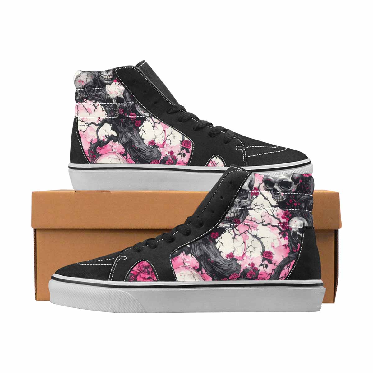 WOMEN'S Skulls Black & Pink Ink High Top Canvas Bold Print Cottagecore Custom Print Sneakers