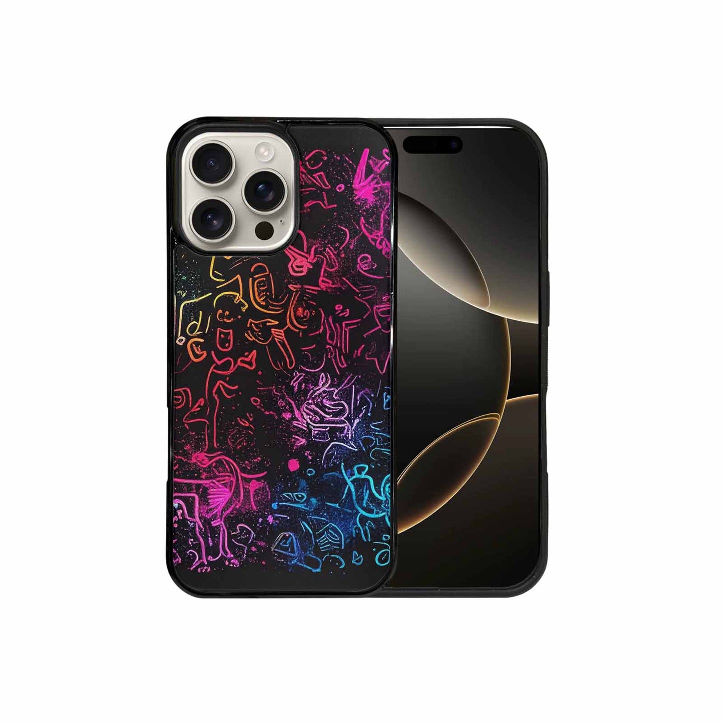 iPhone 16 Pro Max Case — Neon Glow Outline Icon Pattern Hundreds, Custom Designed Case Cover