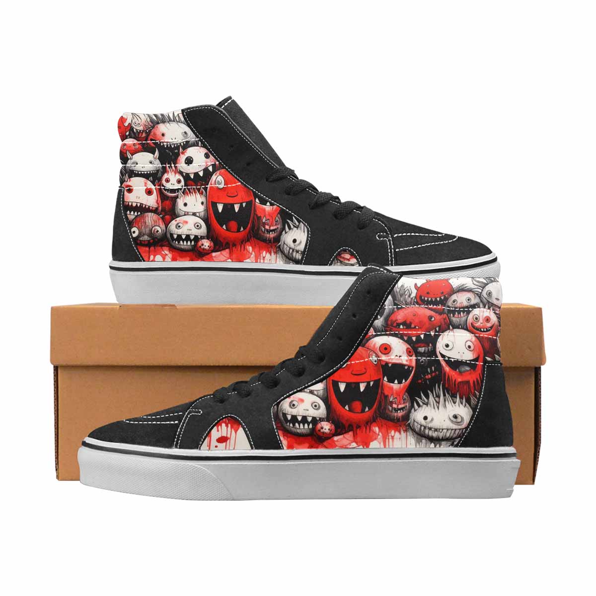 WOMEN'S Monsters Black & Red Ink High Top Canvas Custom Design Grunge Sneakers