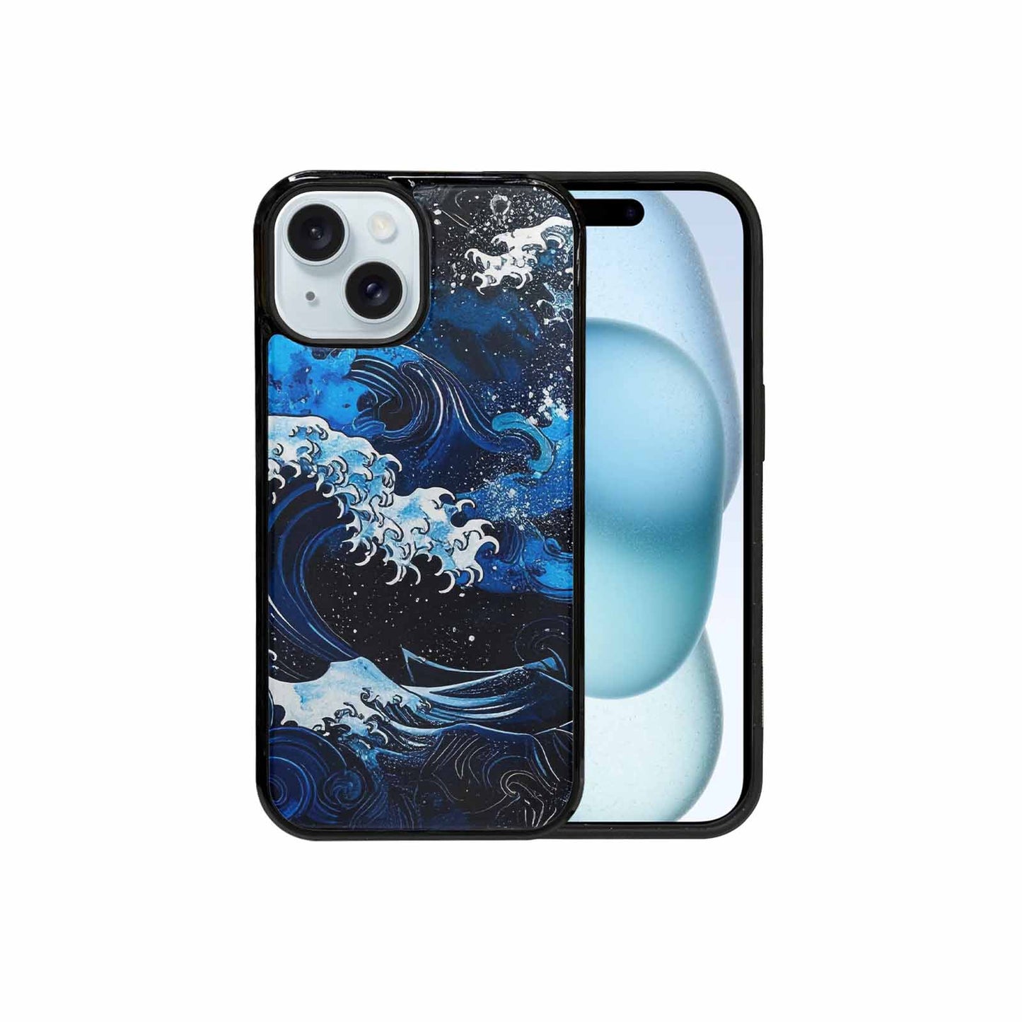 iPhone 15 Case — Nautical Wave Black Blue Ink Wave, Original Design Phone Case