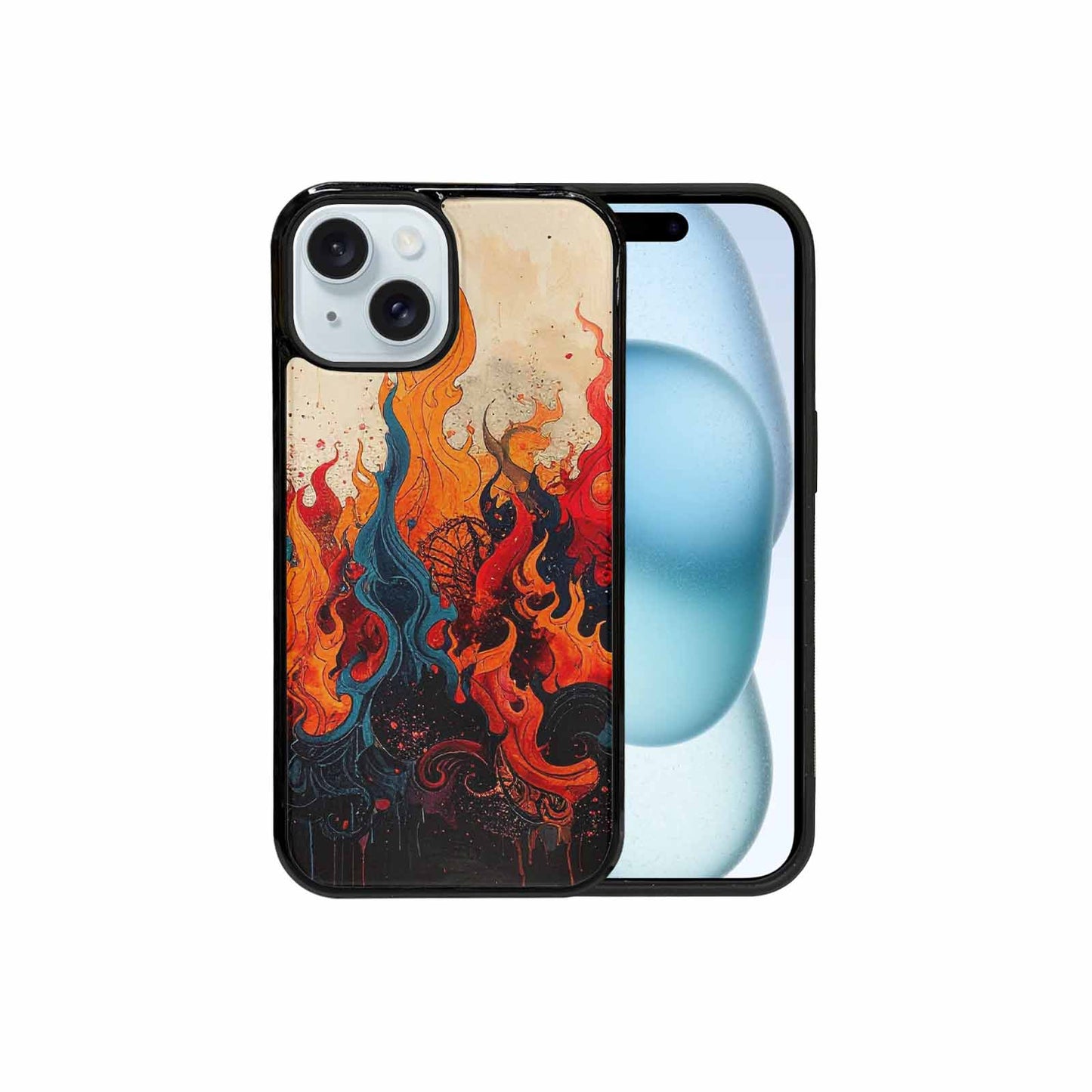 iPhone 15 Case — Flame Burst Black Red Ink Flame, Custom Phone Case
