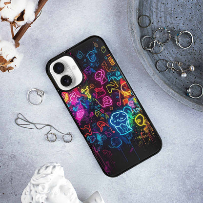 iPhone 16 Plus Case — Neon Glow Outline Icon Pattern Hundreds, Personalized Phone Case
