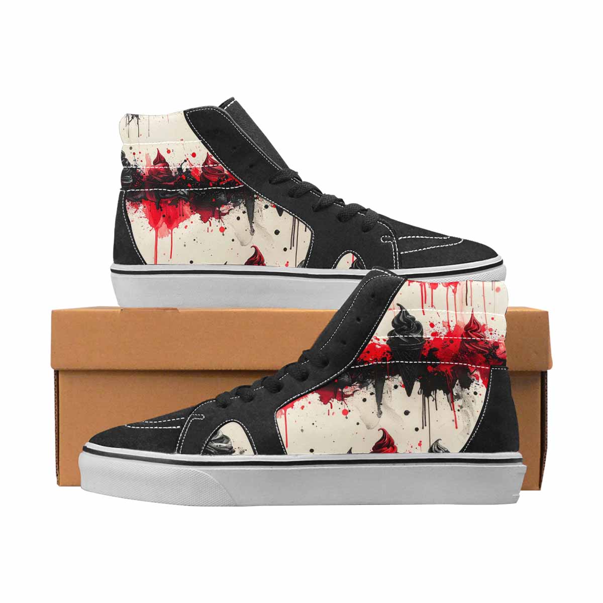 WOMEN'S Ice Cream Black & Red Ink High Top Canvas Custom Fashion Melting Art Shoes