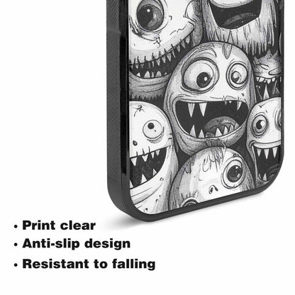 iPhone 15 Plus Case — Black And White Monster Face Collage, Custom Print Case Cover